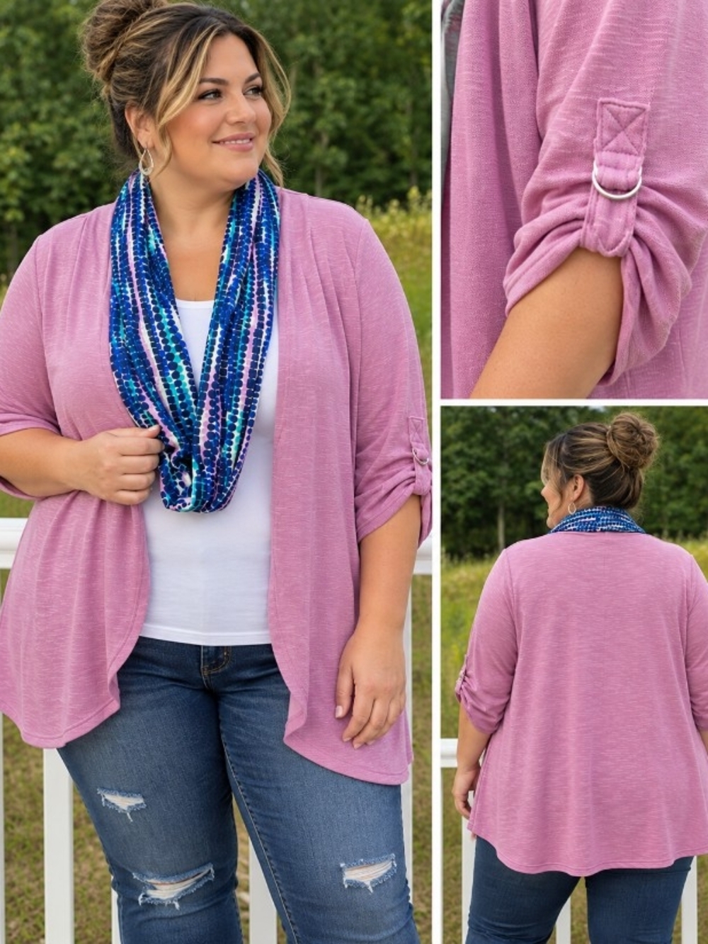 NWT Notations Woman 2X Dusty Mauve Pink Open Front Cardigan With Infinity Scarf